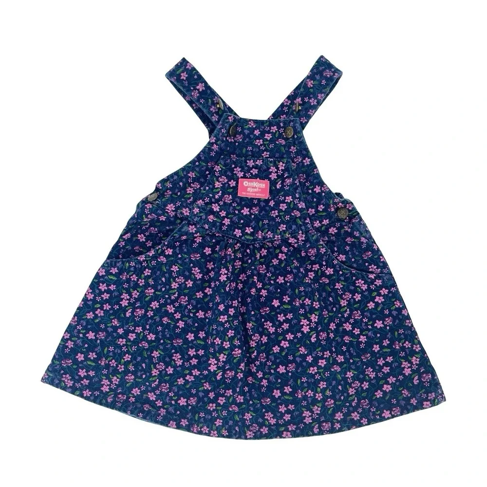 Vintage OshKosh B'gosh Blue Floral Denim Girls Overall Dress SZ 3T Made In USA